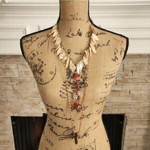 TRESKA semi precious stone & shell Layered Long Statement necklace new